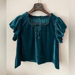 Free People Women's Teresa Velour Teal Velvet Crop Top Small Short Sleeve
